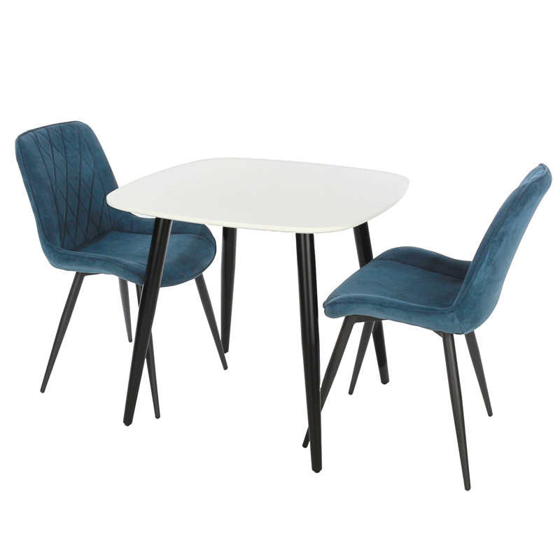 Aspen 3-Piece Casual Dining Set - Square Dining Table & Two Upholstered Diamond Fabric Chairs, White, Blue