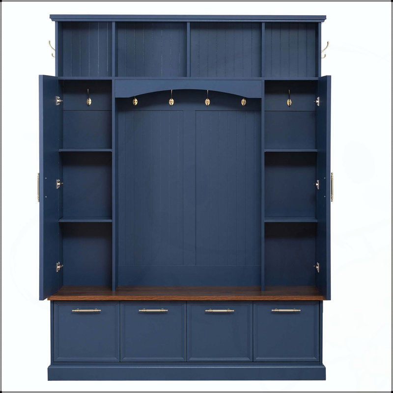 4-in-1 Farmhouse Hall Tree with Golden Hooks and Flip-Down Shoe Storage, Blue