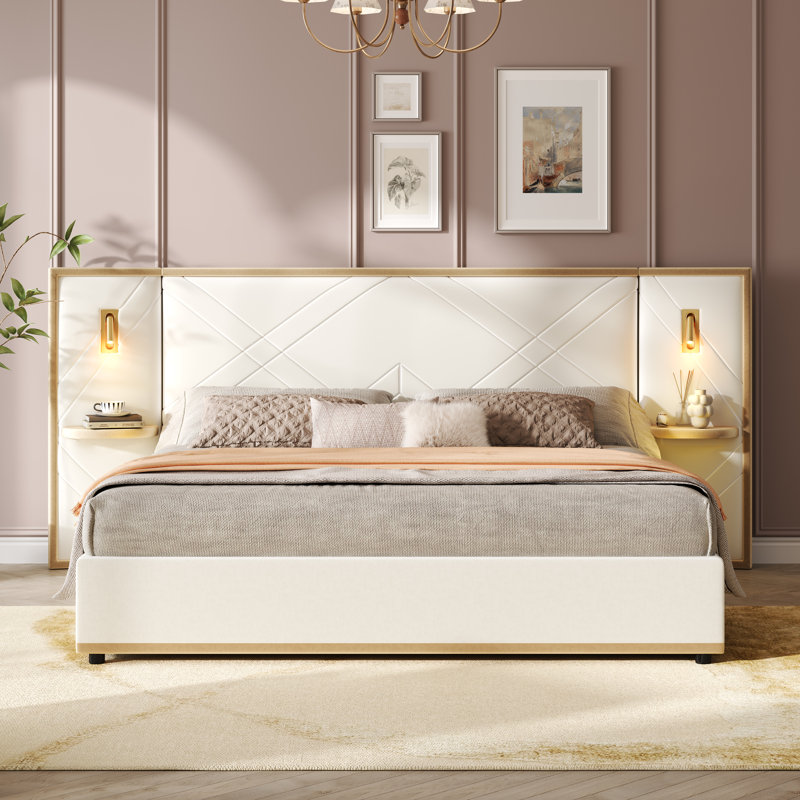 Calviano Upholstered Platform Bed With Wingback Headboard, LED Lighting, And Storage Side Panels, Queen, Beige