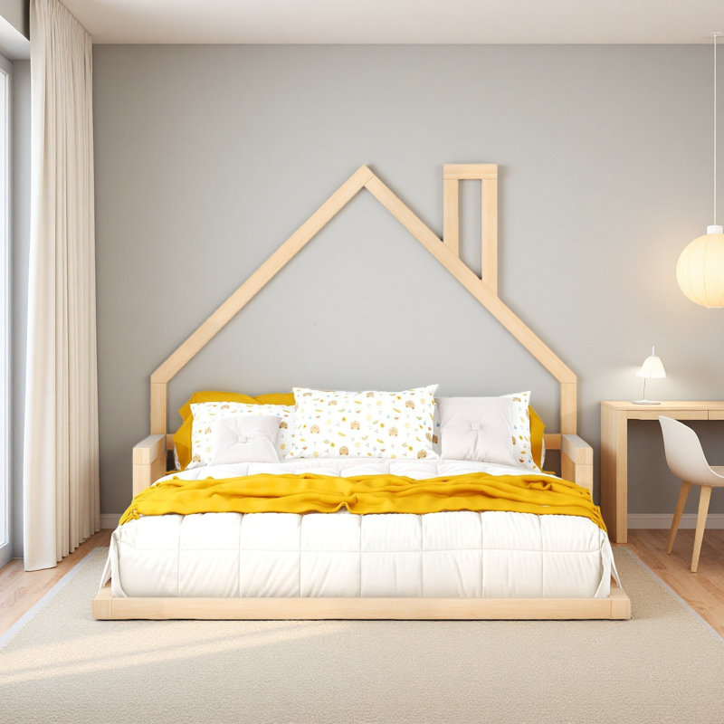 Lit double en bois avec tête de lit, Naturel
