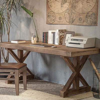 Farmhouse Computer Desk In Natural With Trestle Base Wooden Office Desk