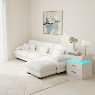 130" Cream Velvet Sectional Sofa Set with Ottoman and LED Side Table