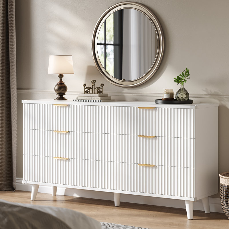 6-Drawer Dresser With Wave-Fluted Panels, Modern Boho Storage Cabinet With Solid Wood Frame And Metal Handles, Versatile Organizer For Bedroom, Living Room, Entryway, Hallway & Closet