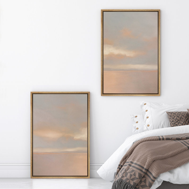 Doux pastel coucher de soleil, paysage marin, pêche neutre, horizon de l'océan, décoration murale pour le salon, chambre à coucher, toile encadrée, art mural de la chambre principale, 2 pièces