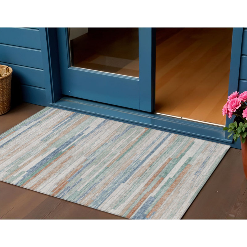 Tapis intérieur / extérieur 3 pi x 5 pi à rayures turquoise lavable