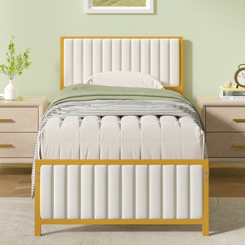 Metal Platform Bed Frame With Upholstered Headboard And Footboard, Heavy Duty Steel Slats Platform Bed, No Box Spring Needed