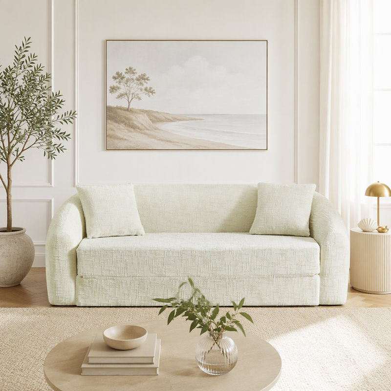 Curved Convertible Recliner Sofa With Deep Seat Comfort, Beige
