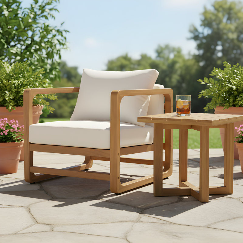 Jeffrey Outdoor 2-Piece Acacia Wood Conversation Set With Removable Cushions, 2 Pcs: Table, Chair