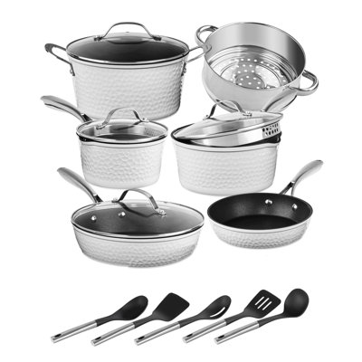 Granitestone Charleston Collection Hammered White 15 Piece Nonstick Cookware Set with Utensils