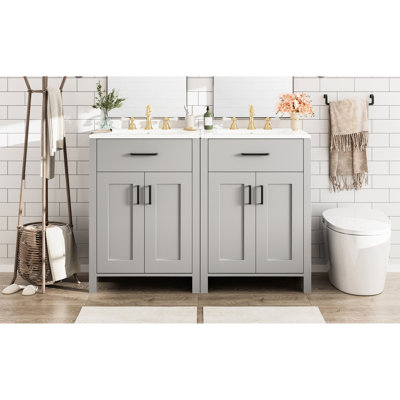 Meuble-lavabo moderne de 48 pouces avec des pieds en bois massif, des tablettes à deux couches et des poignées en alliage d'aluminium noir pour une finition peinte dans la salle de bain, des charnières à fermeture en douceur, une prévention de débordement d'évier en céramique