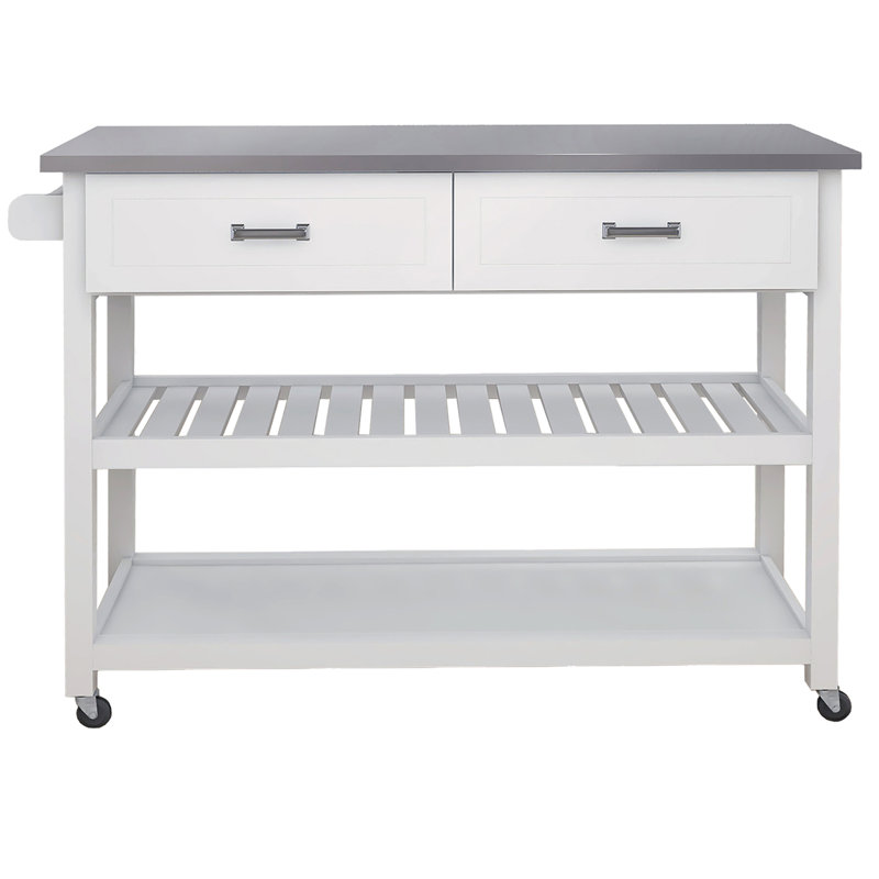 White Kitchen Cart With Two Drawers And Stainless Steel Table - Space Saving Tabletop Simple