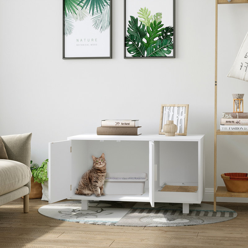 Enceinte et litière en bois pour chat, salle de bain cachée pour chat, avec table de bout, grattoir et portes magnétiques, blanc