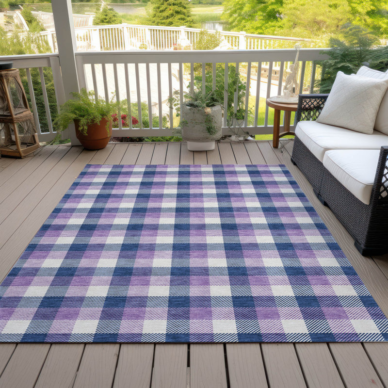 Navy Rectangular Synthetic Washable Plaid Area Rug 5' x 7'