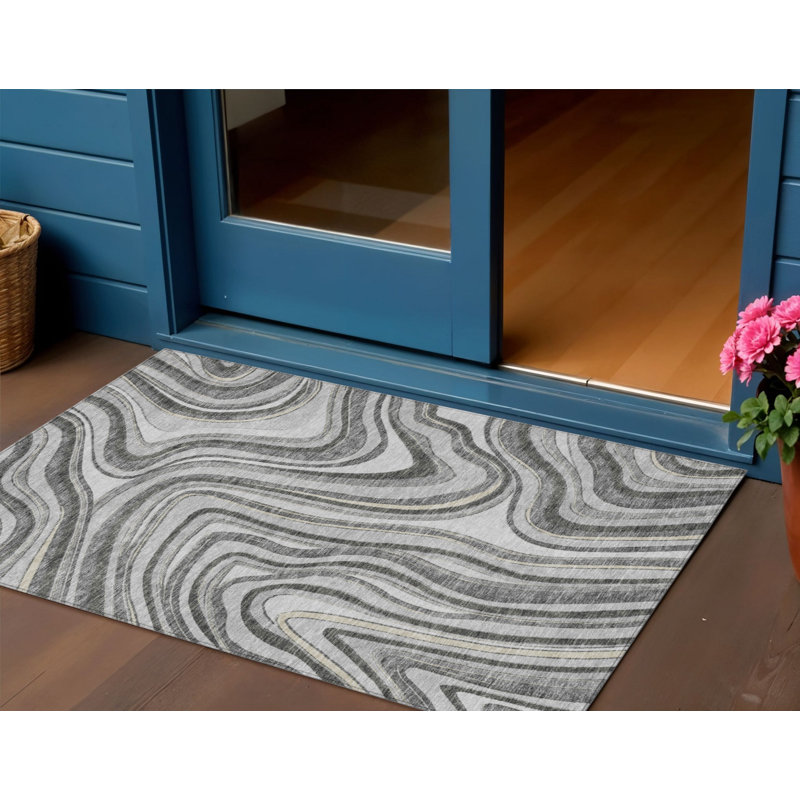 3' X 5' Gray Charcoal And Ivory Abstract Washable Indoor Outdoor Area Rug