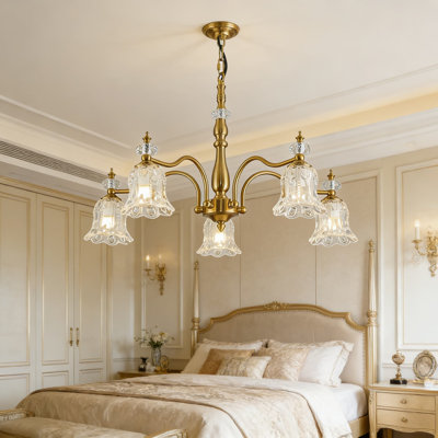 Lustre vintage doré avec abat-jour en verre, luminaire suspendu rustique 5 lumières pour plafond de salle à manger, de cuisine, de salon et de chambre à coucher