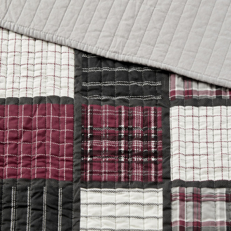 Red and Grey Cotton Plaid Reversible Full Quilt Set