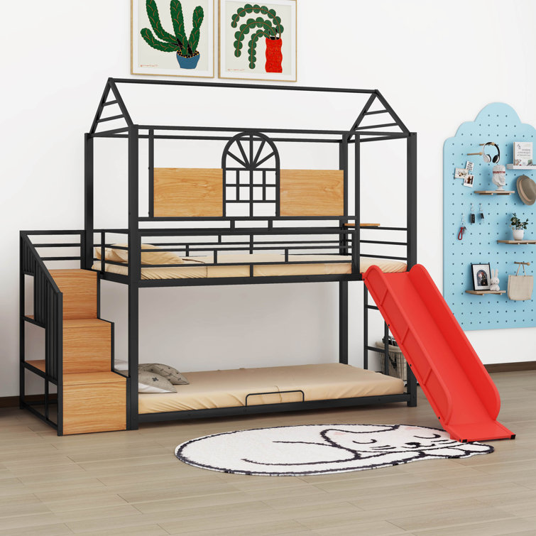 Lembert Twin Over Twin Metal Housebed with Slide and Storage Stair