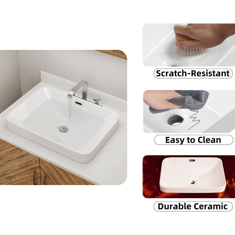 Lavabo de salle de bain vasque rectangulaire semi-encastré avec trop-plein Los Flexi, 6.3" H x 14.37" W x 20.28" D