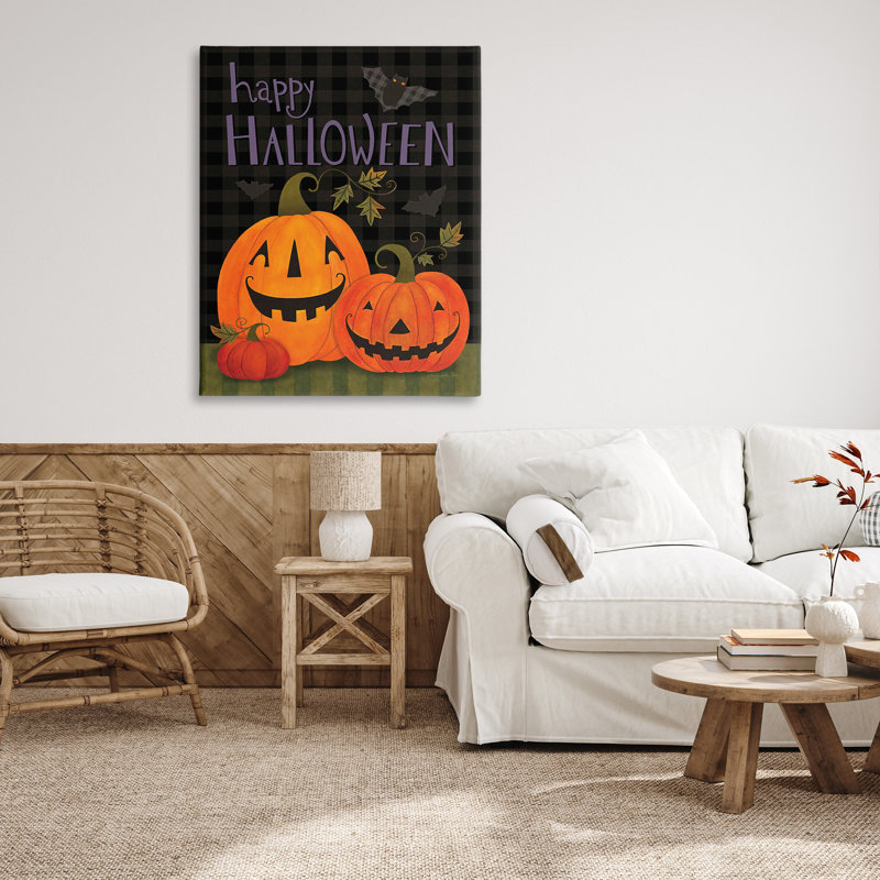 «Pumpkins & Bat On Plaid», art mural par Bernadette Deming, H 48 po x l 36 po
