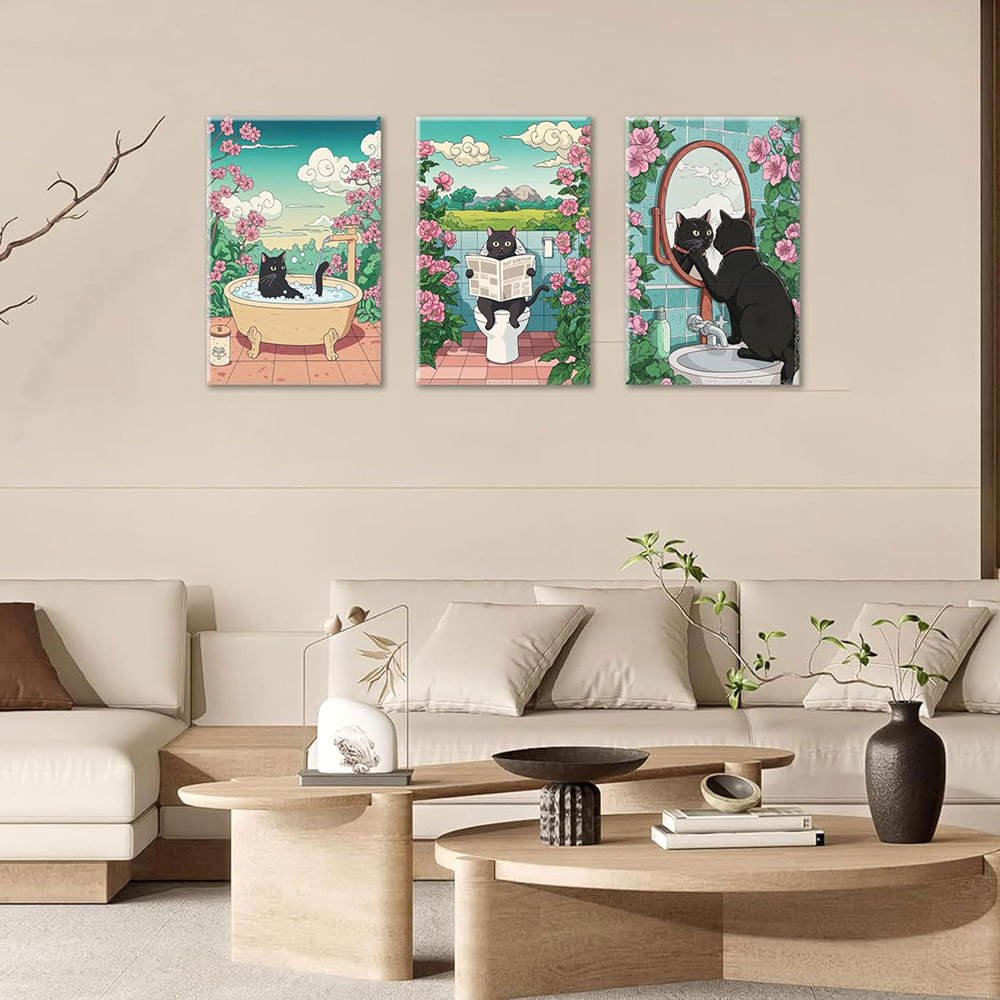 3Pcs Japanese Funny Bathroom Black Cat Canvas Wall Art Cute Kitten On Toilet Posters Vintage Japanese Cat In A Bathtub Pictures Painting For Washroom