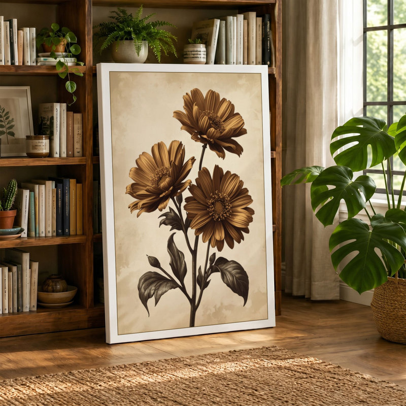 Gerbera Daisies in Ochre Botanical 1 Piece Wrapped Canvas Wall Art, 36x24 - 91.4 x 61.0 cm, Teal Border