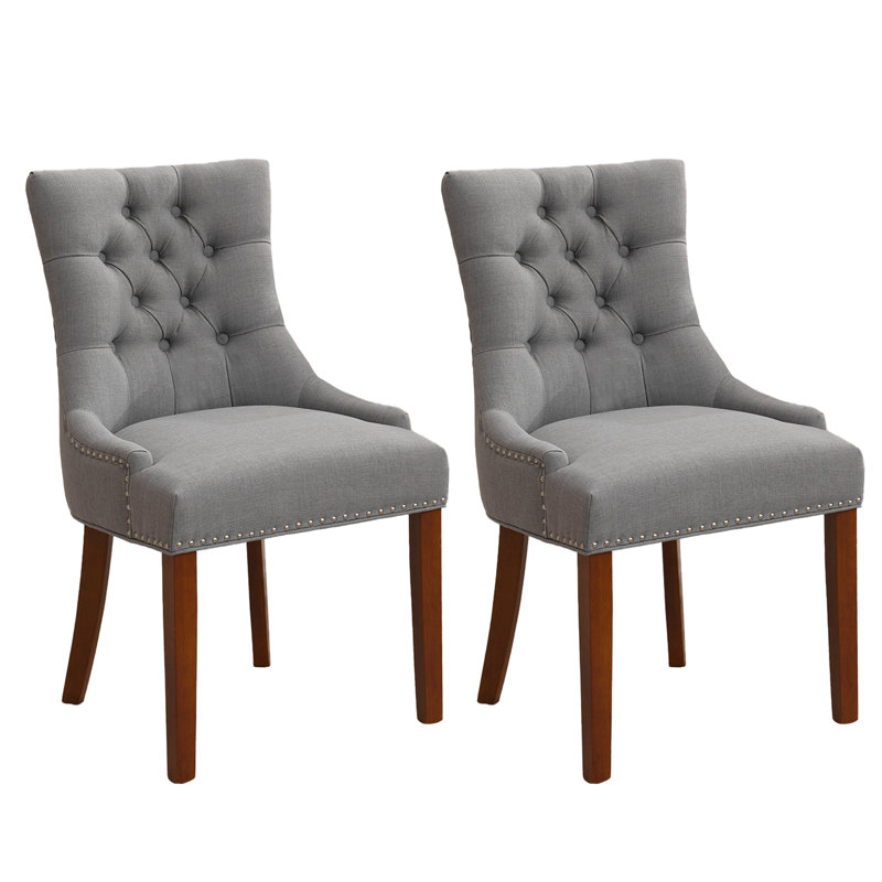 Berenis Tufted Linen Upholstered Elegant Dinning Chair, Light Gray, Brown