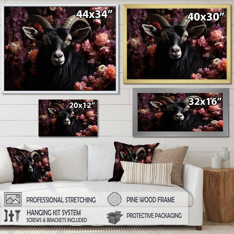 Portrait de chèvre noir et rose - art mural animal de chèvre, Cadre flottant doré, H 12 po x l 20 po x P 1 po