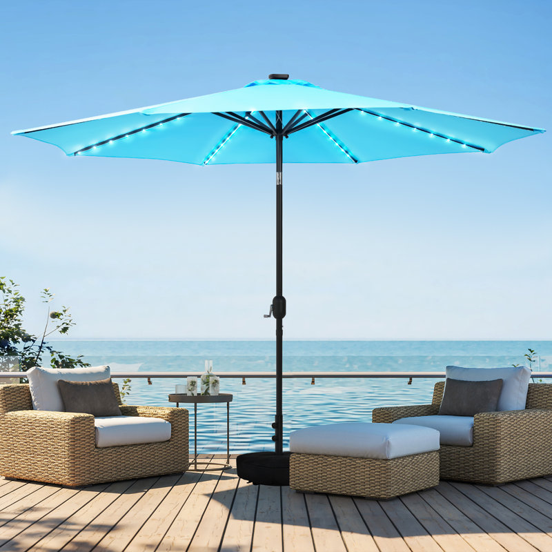 Parasol de patio avec base, Bleu, H 98 po x l 132 po x P 132 po