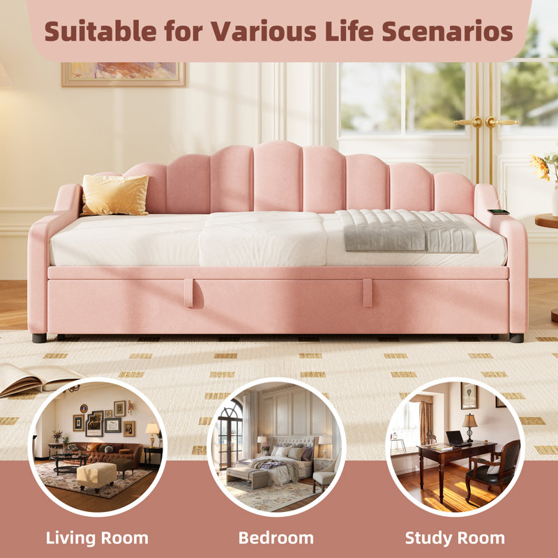 Velvet Upholstered Daybed with Pull-out Trundle with Side Charging Station & Storage Pockets (No Mattress), Pink