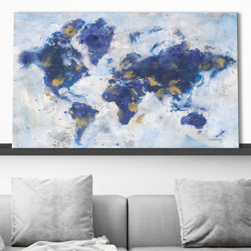 Indigo World Map par Danhui Nai - impression, H 24 po x l 40 po x P 1,5 po, Toile tendue
