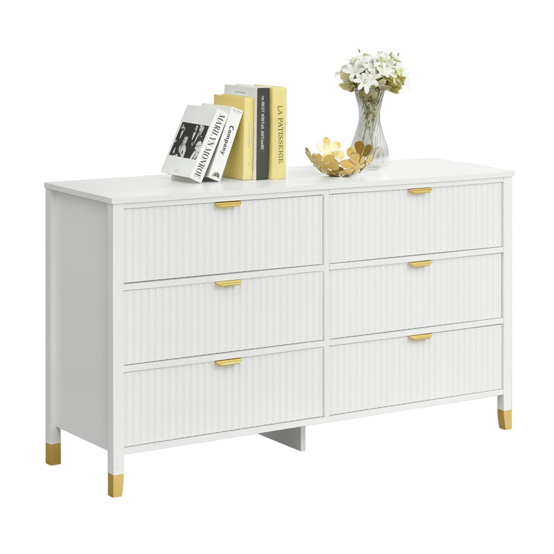 Commode 6 tiroirs Drift avec fonction de verrouillage pour la chambre à coucher, commode large moderne de 53,9 po de largeur, rangement en bois pour les vêtements, le vestibule, le couloir, la chambre de bébé ou le salon