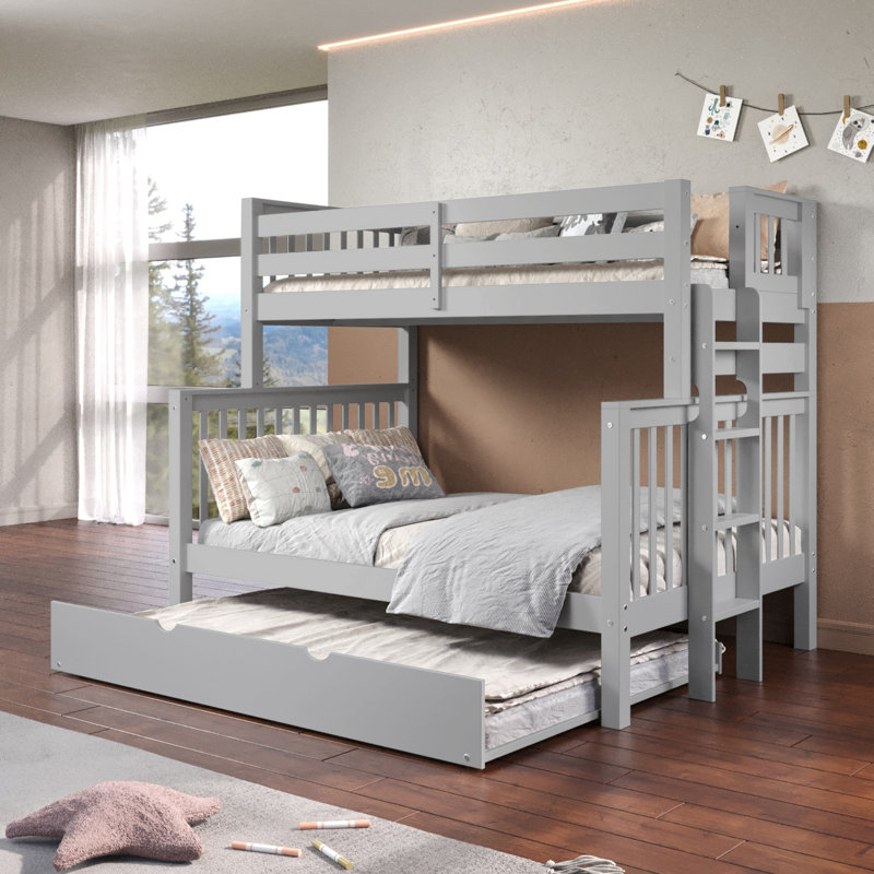 Treva Solid Wood Standard Bunk Beds Twin over Full, 4 Step Ladder, Full Trundle, Gray, Gray, Twin Over Full with Full Trundle