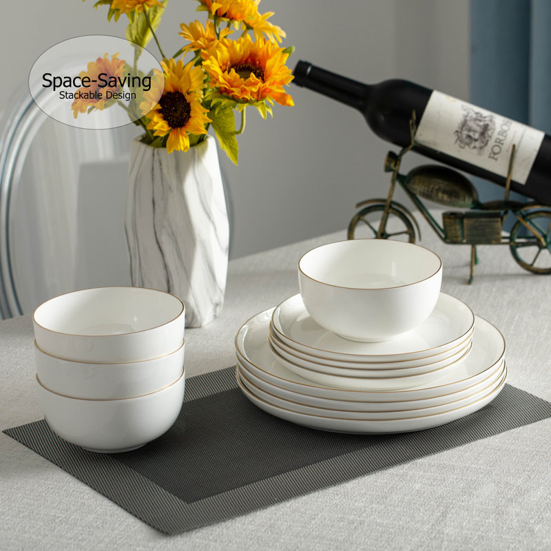 Elegant White Porcelain Dinnerware Set with Gold Accents, Service for 4