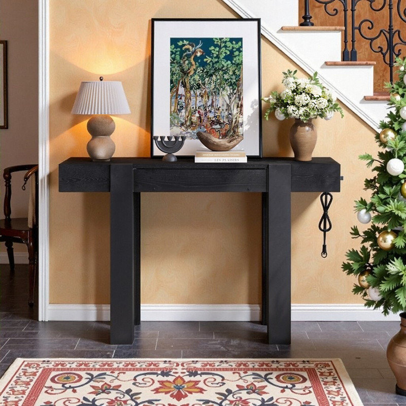 Console de hall d'entrée en bois massif avec prise de courant à tiroir caché et pieds réglables, Black