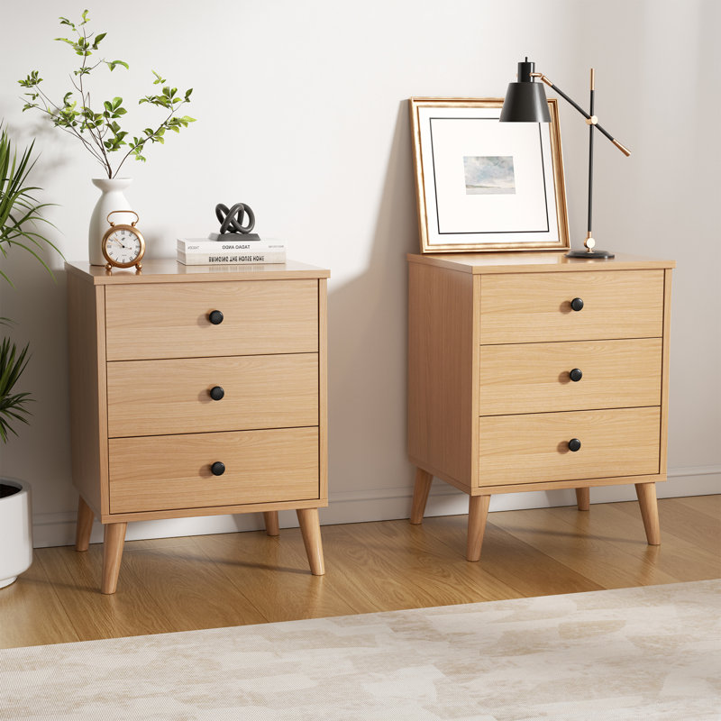 Elegant 3-Drawer Wooden Nightstands for Stylish Bedroom Storage Solutions(set of 2), Caramel