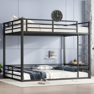 Queen Over Queen Metal Bunk Bed Frame, Heavy Duty Low Bunk With Full Length Guardrails, Noise-free Design, Space-saving Bed For Kids Teens Adults, Black