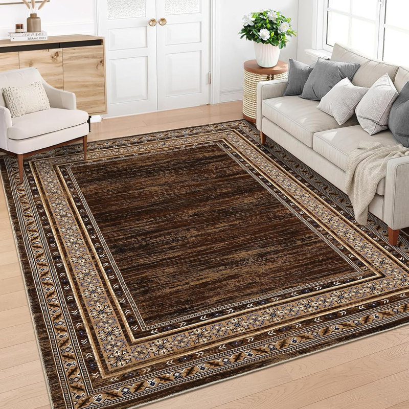Rectangle Geometric Washable Area Rug, Brown, Rectangle 120 x 170 cm
