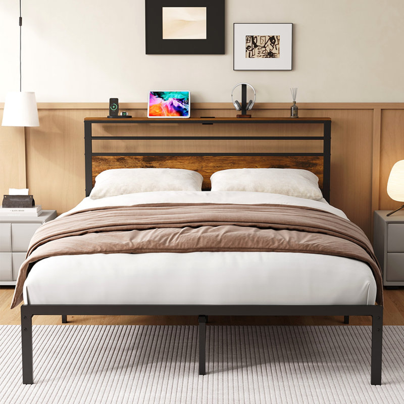 Structure de lit double avec tête de lit en bois, lumières DEL, lit plateforme industriel avec tablettes de rangement, assemblage facile et aucun sommier tapissier requis