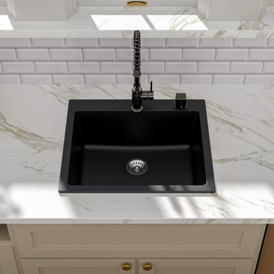 Évier de cuisine encastré en quartz 25 po x l 22 po, évier de cuisine en composite de granite avec grille d'évier, crépine et support à enrouler