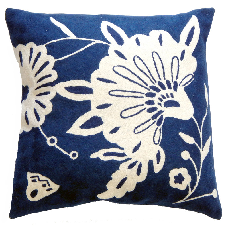 Fibre By Auskin Crewel Cotton Cushion FLORAL Square, Blue/White