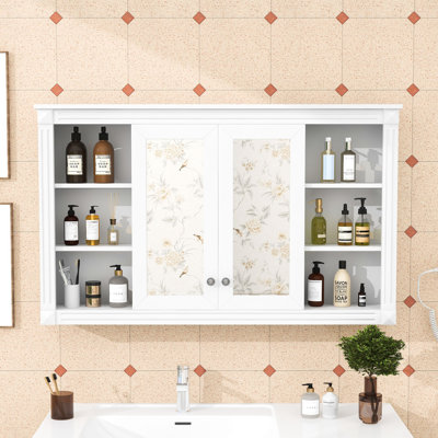 Armoire de rangement murale à miroir avec intérieur réglable et tablettes ouvertes