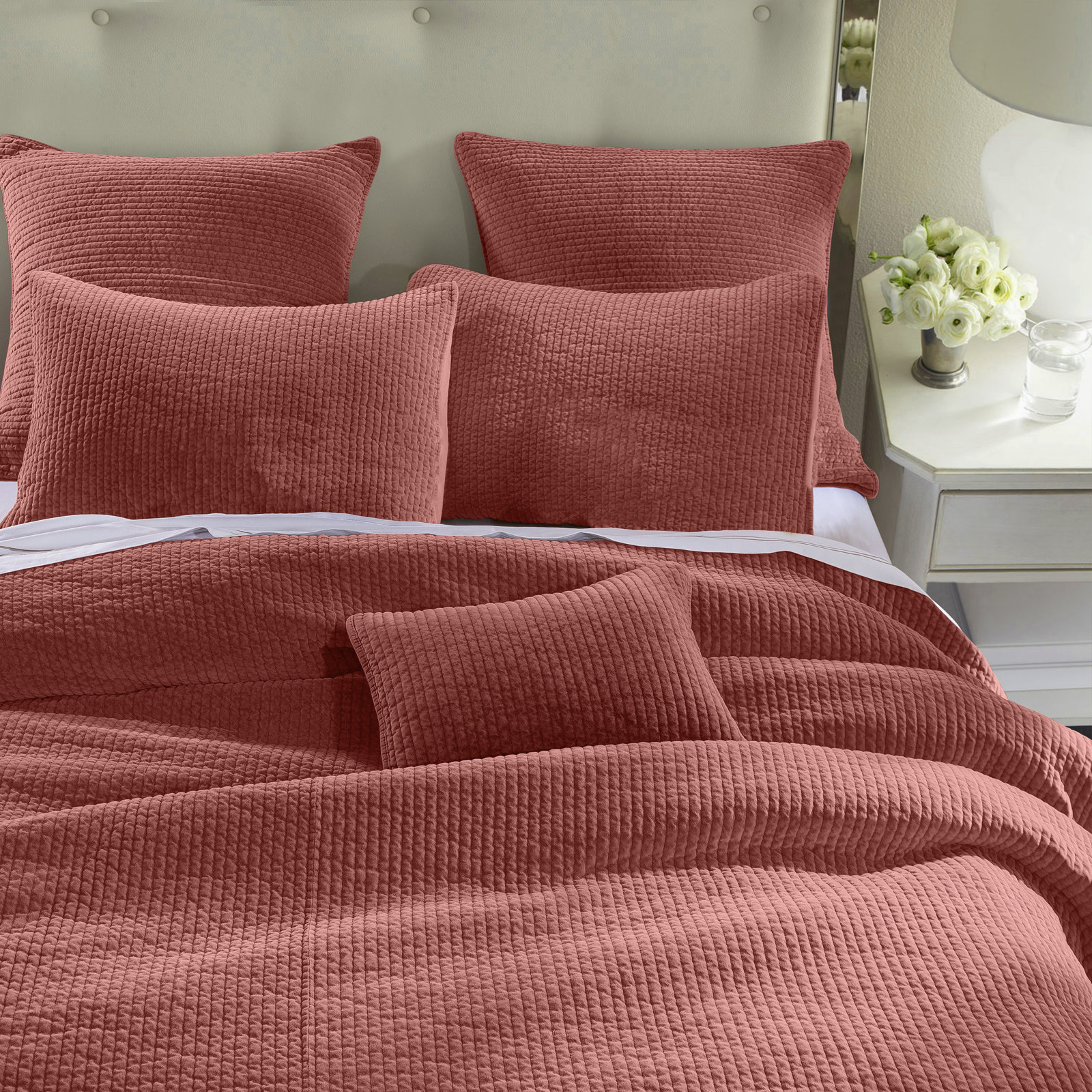 Stone Washed Cotton Velvet Quilt Set, Full/Queen Quilt + 2 Standard Shams, Salmon