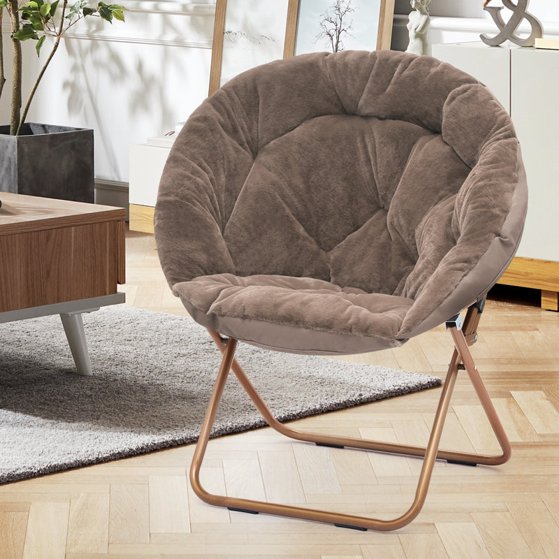 Foldable Round Saucer Chair Portable Papasan Chair Lounge Chair Accent Chair for Bedroom Living Room, Bronze, Beige Faux Fur