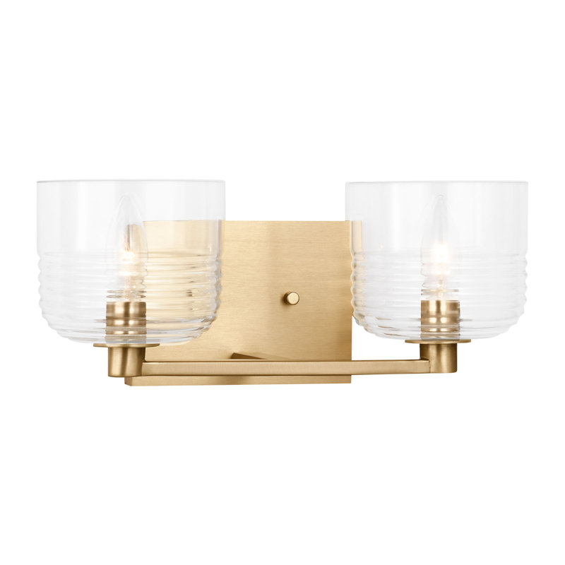 Lochdale Bathroom Bedroom Wall Fixture With Clear Ribbed Shade, 2 Lights, Satin Brass, 6.125" H x 14.75" W x 7.875" D