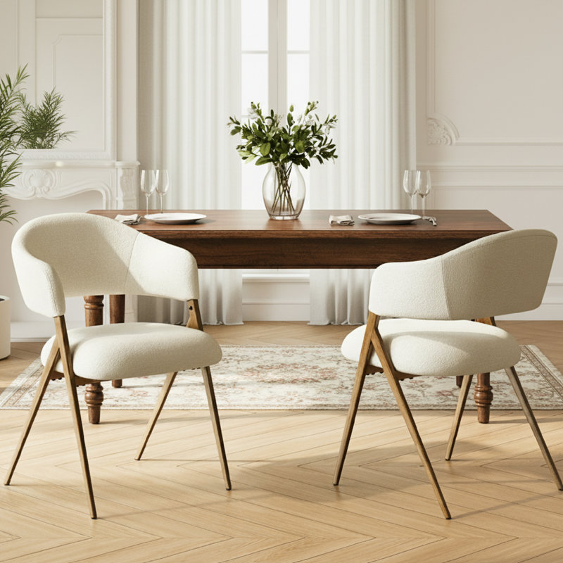 Chaise de salle à manger avec accoudoirs rembourrés de 4 po d'épaisseur et pieds en métal d'aspect bois, Beige