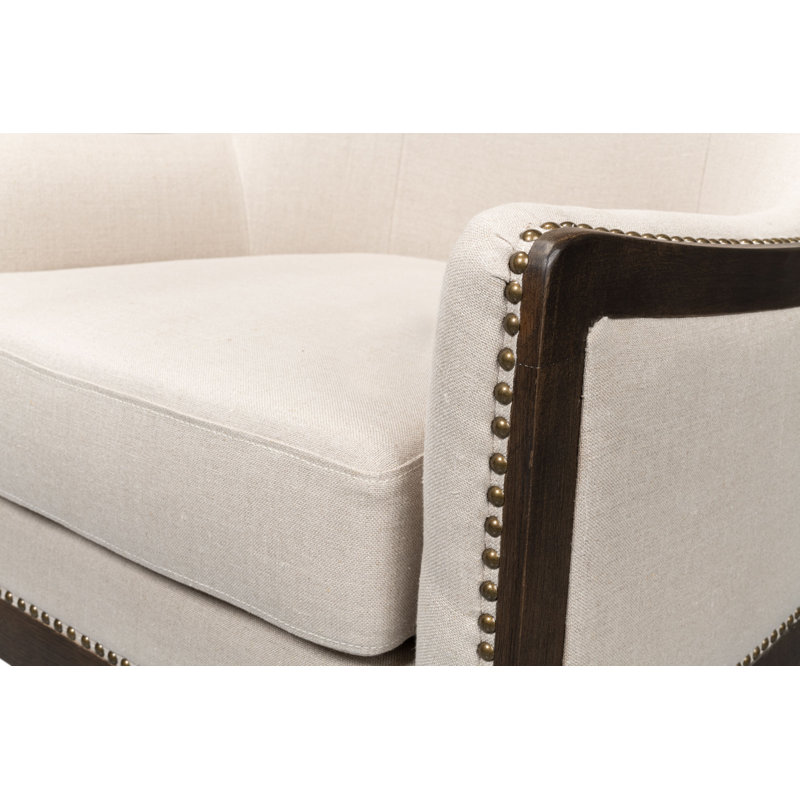 Beige Linen Wingback Chair with Solid Wood Frame