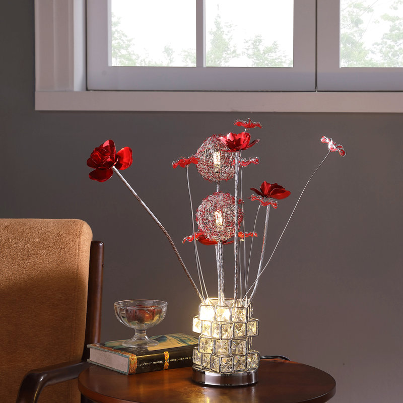 Accent Table Lamp, LED, Red Roses, Crystal Square Vase, Chrome 21 Inch