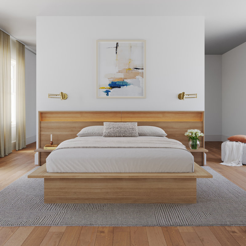 Monroe Queen Size Slatted Bedframe with Wide Headboard with Dimmable Lights, Brown