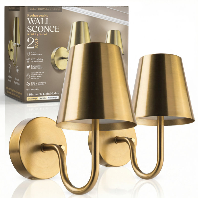 Bell + Howell Rechargeable Wall Light Sconce with Metal Shade and Dimmable - Gold, Gold
