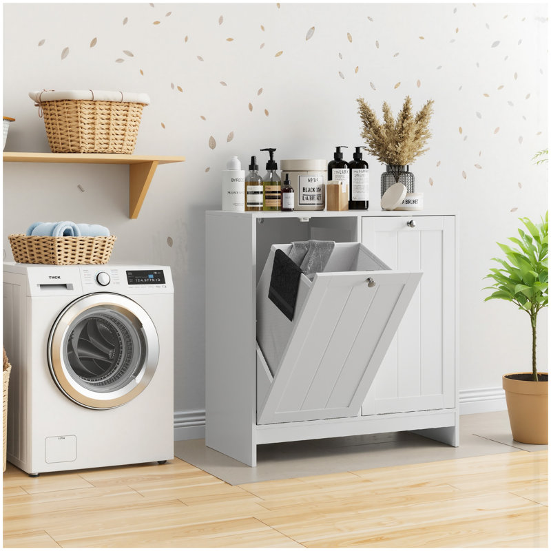 Panier à linge incliné avec panier amovible, panier à linge caché, armoire de rangement pour panier de salle de bain, organisateur de maison autoportant, blanc